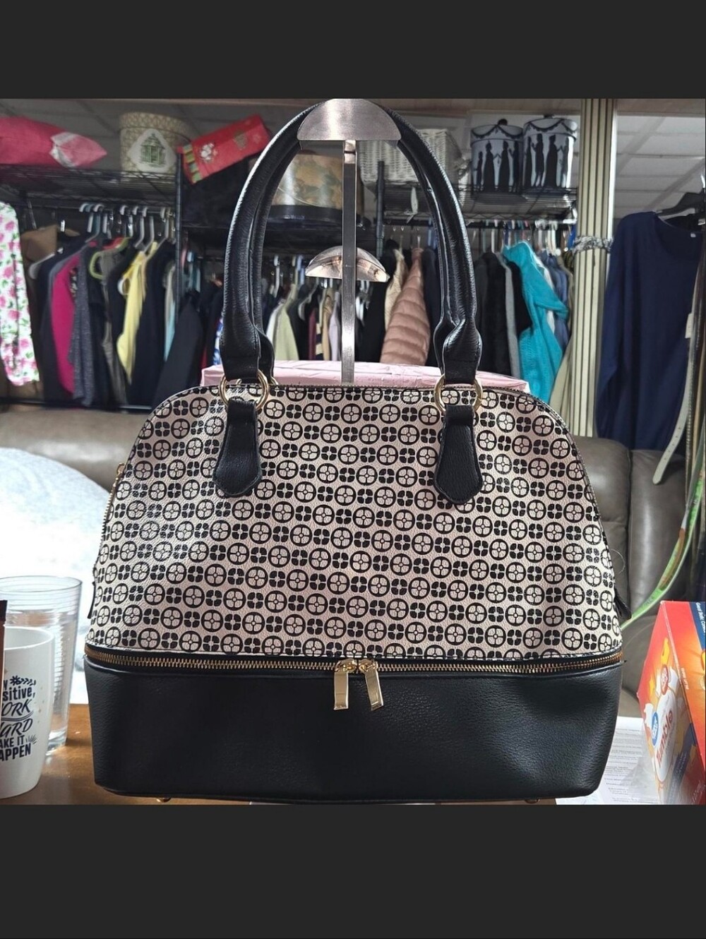 IMAN Black and Cream Patterned Dome Tote